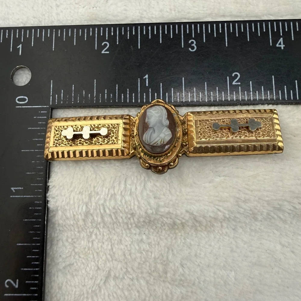 Vintage Victorian Cameo Bar Brooch Gold Tone Carved Portrait Textured